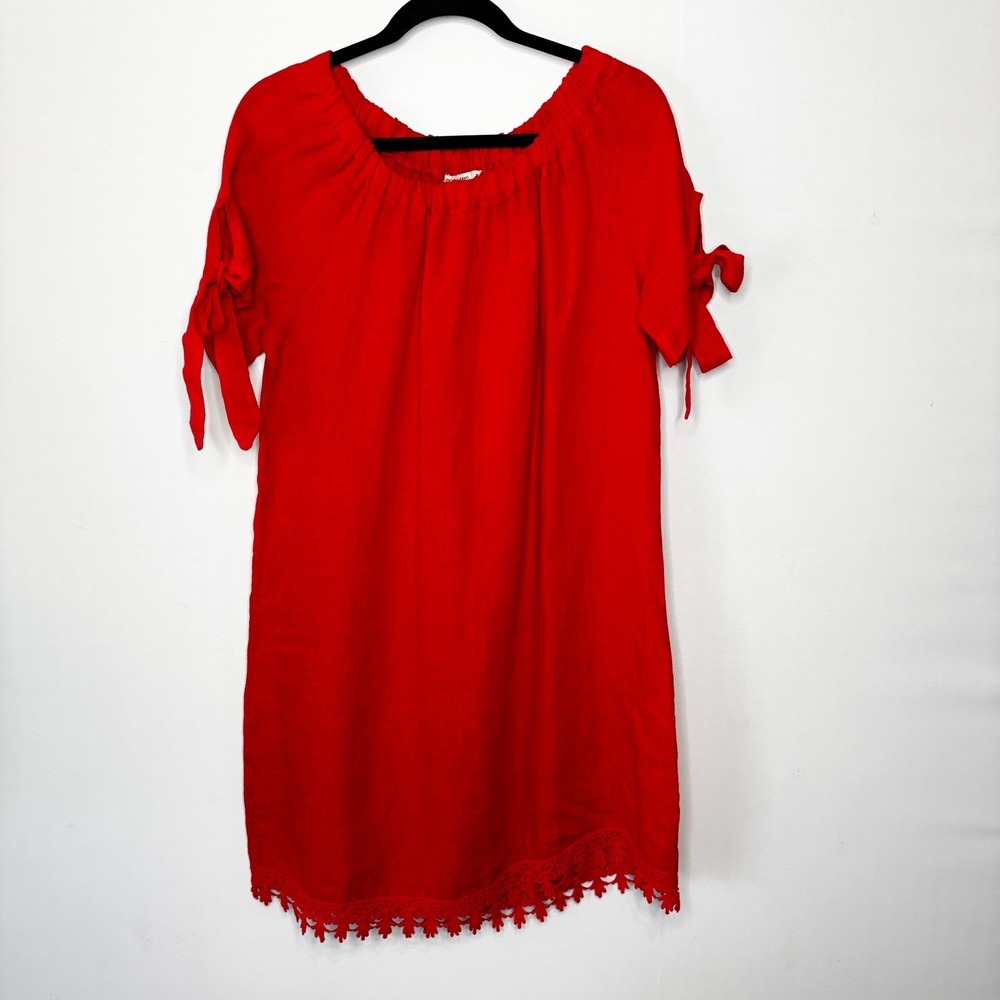 Lungo L'Arno Red Dress Size M Tie Sleeve Crochet‎ Lace Trim Off Shoulder Italy